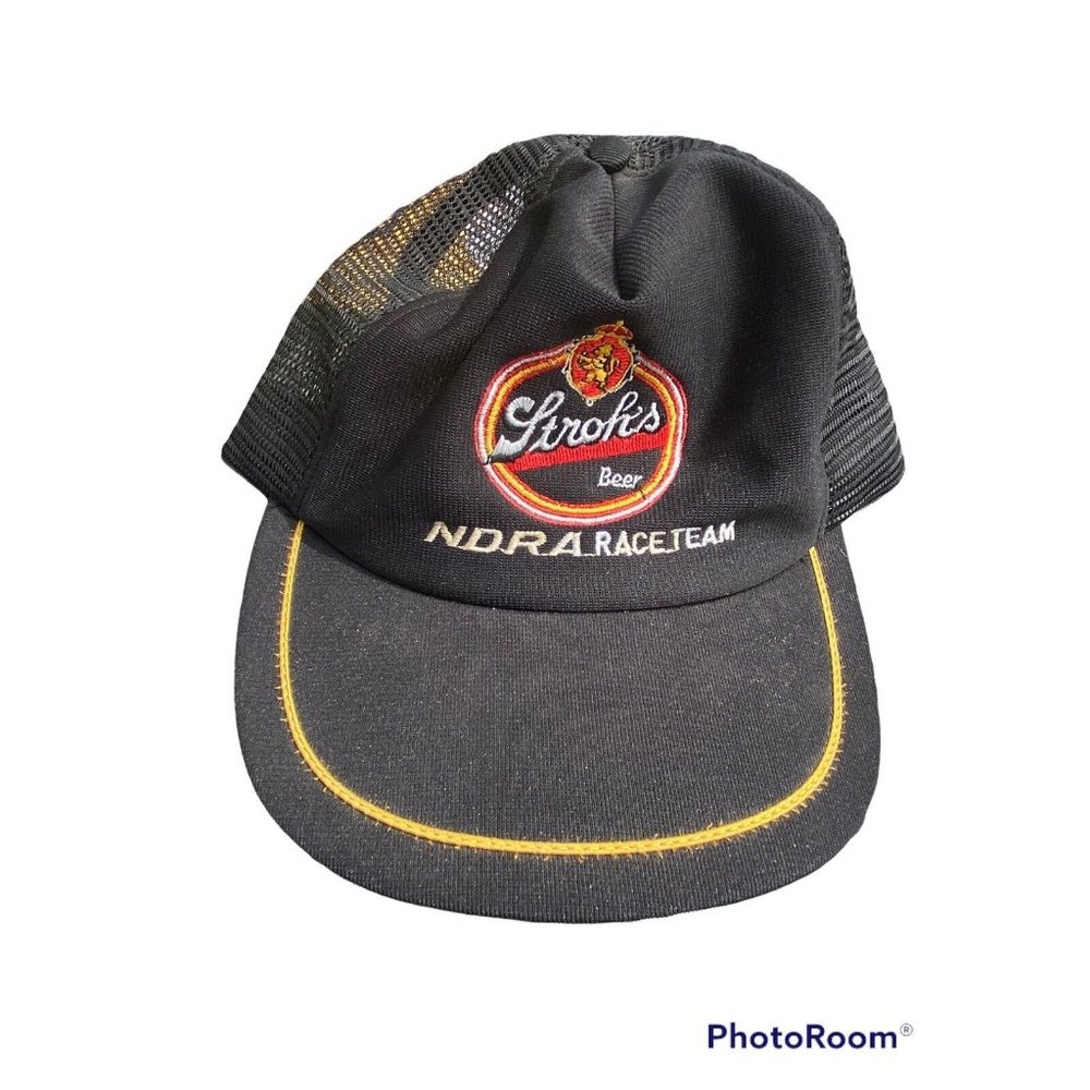 Stroh's NDRA Racing Team Beer Snapback Hat Cap Black Red Gold  Mesh‎ Trucker